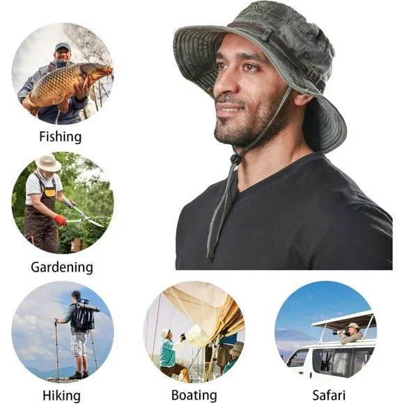 Unisex Dark Grey 100% Cotton Wide Brim Boonie With Chin Strap Classic Bucket Hat - Picture 6 of 6